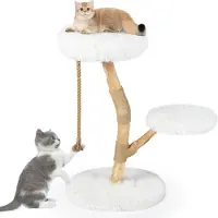 FANTASK Arbre à gratter pour chat , 90 cm de hauteur, en bois massif, avec 3 plateformes recouvertes de peluche et une surface en jute