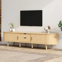 MODFU Meuble TV Buffet avec plateau ovale, meuble TV bas avec 2 tiroirs, meuble de rangement, armoire avec espace de rangement, bois de noyer clair