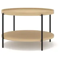 Homlando Table basse PUFFIN 84 cm CHÊNE NATUREL placage verni rond pieds métalliques noirs Assemblée
