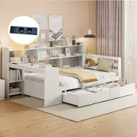 MODFU Lit Banquette Enfant 90x200 cm - Lit Bois Massif avec Bureau, Étagères et 2 Coffres, Design Pratique et Fonctionnel, Couleur Blanche, Sans Matelas