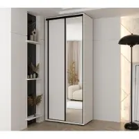 MINIO go for it , armoire VADO, 120x235,2x60 cm, 2 portes coulissantes (1 miroir), 6 étagères, 2 tiges métalliques, poignées en acier, blanc mat