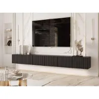 Idohome Meuble TV bas Angel 300 cm noir mat - Meuble TV, meuble suspendu, LED, Push-to-Open, meuble TV, façade rainurée, meuble multimédia, salon