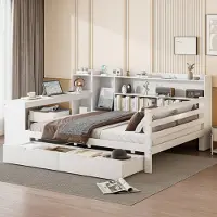 MODFU Lit Banquette 140x200 cm - Lit en Bois avec Bureau et Étagères, Coffres de Rangement Spacieux, Design Moderne et Pratique, Couleur Blanche, Sans Matelas
