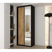 MINIO go for it , armoire VADO, 100x235,2x60 cm, 2 portes coulissantes (1 miroir), 6 étagères, 2 tiges métalliques, noir/chêne Artisan