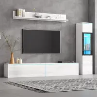MODFU Ensemble Meuble TV avec LED 3 Pièces - Meuble Bas, Vitrine et Étagères Murales - Style Contemporain pour Salon - MDF + Verre - Blanc