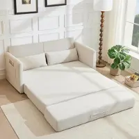 LVHOM Canapé-lit 2 places extensible en velours côtelé, canapé-lit avec fonction couchage et poches latérales, canapé-lit d'appoint avec 2 coussins, 165 x 92 x 82 cm, beige
