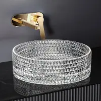 Emke Lavabo à poser Verre rond Verre transparent 36 x 36 x 11.2 cm Lavabo design de haute qualité pour salle de bains & toilettes d'invités Bac à laver