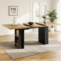 Flieks Table à manger télescopique avec étagères, table à rallonges au grain de bois naturel, pour la cuisine, le salon, table de cuisine 120-160 x 80 x 75 cm, couleur bois