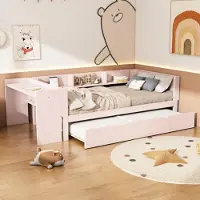 Ulife Lit d'enfant avec bureau & fonction sommeil extensible, étagère de rangement, bois de pin massif, gain de place, 90x200cm, rose