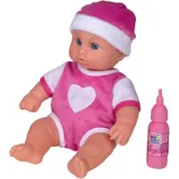 Happy People Poupée "bébé qui boit et fait pipi". 28 cm, avec biberon, body et bonnet. Tête, bras et jambes en vinyle. Assortiment en 2 modèles