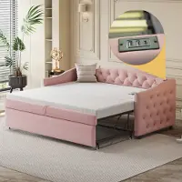 MODFU Lit Gigogne 90x200 cm - Canapé-Lit Boutonné avec USB Intégré, Revêtement en Lin, Sans Matelas - Rose