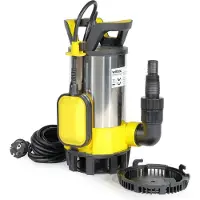 Wiltec Pompe à eau immergée 3 en 1 à aspiration plate 1100 W – 18000 l/h – Jusqu’à 1 mm – Refoulement max. 9,5 m, profondeur max. 7 m – Interrupteur à flotteur, Thermorégulateur – Pompe submersible