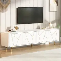SUCCESS COURIER Meuble TV de 190 cm avec 4 portes et 6 pieds métalliques – Meuble bas blanc et or, pour téléviseurs jusqu'à 85 pouces, meuble multimédia pour salon, 190 x 40 x 51,5 cm