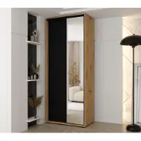 MINIO go for it , armoire VADO, 120x235,2x60 cm, 2 portes coulissantes (1 miroir), 6 étagères, 2 tiges métalliques, chêne Artisan/noir