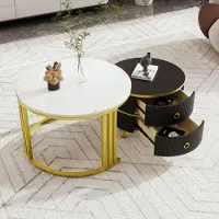 MODFU Table Basse Design 2 Pièces, Plateau Effet Marbre Blanc, Structure MDF et Métal, Blanc et Noir, 70x70x46 + 50x50x40 cm