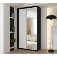 MINIO go for it , armoire VADO, 140x235,2x45 cm, 2 portes coulissantes (1 miroir), 6 étagères, 2 tringles métalliques coulissantes, noir/blanc mat