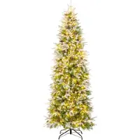 Coast Artificial Christmas Tree 225 cm Green/White - Pre-light with Warm White LED - Hinge construction - 913 Branches - With Snow and Pine Cones