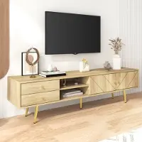 Aiorber Armoire TV, avec pieds dorés, deux tiroirs, aspect bois, grand espace de rangement, facile d'entretien, stable, pour salon, 160x36x42cm, couleur bois