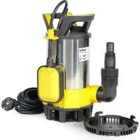 Wiltec Pompe à eau immergée 3 en 1 à aspiration plate 400 W – 8000 l/h – Jusqu’à 1 mm – Refoulement max. 5 m, profondeur max. 7 m – Interrupteur à flotteur, Thermorégulateur – Pompe submersible