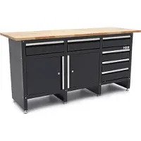 HBM établi 171 cm avec 6 tiroirs et 2 portes, plan de travail en bois massif, noir