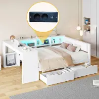 Merax Lit de jour Canapé-lit 140x200 cm avec prises de courant, LED, 2 tiroirs, bureau, compartiment de rangement, tête de lit rembourrée, lit d'enfant, lit en bois, blanc