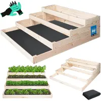 KOTARBAU Carré Potager Surélevé Bois de Pin 120x120x36 cm 4 Niveaux Bac Potager avec Gants à Griffes et Toile Anti-Mauvaises Herbes Naturel