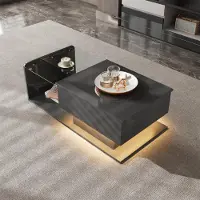 MODFU Table Basse Moderne avec Plateau Verre et Rangement - Table d’Appoint avec Éclairage LED, 100 x 50 x 33/47,5 cm - Noir