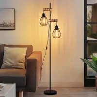 ZMH Lampadaire Noir Métal Lampadaire Bois Salon Vintage Lampadaire 2 flammes industriel avec interrupteur Douille E27 152cm Rétro Lampe à poser
