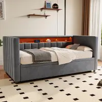 OKWISH Lit Gigogne 90x190 cm - Convertible avec Rangement et USB-C, Éclairage LED, Velours Gris, Sans Matelas