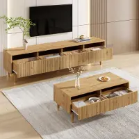 MODFU Ensemble meuble TV et table basse avec éclairage LED, couleur bois Banc TV avec 4 portes et 2 tiroirs,Ensemble de salon avec structure ondulée