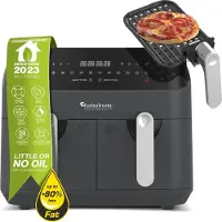 TurboTronic Friteuse sans Huile Double - TT-DAF5 - Airfryer XXL Dual Zone 9 Litres 2x4,5L Kammern Numérique 12 Programmes Smart Finish 1600W Plaques à Pizza Noir Gris