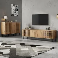 MODFU Ensemble Meuble TV et Buffet Moderne - Meubles de Salon en Bois Naturel avec Pieds Noirs, 180×40×55 cm et 150×40×95 cm