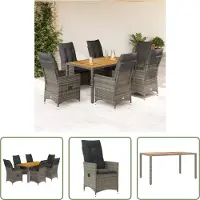 The Living Store Ensemble de jardin 7 pièces avec coussins Gris Poly Rattan