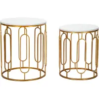 Mauro Ferretti Ensemble De 2 Tables Basses Tory Marble - Structure Plaquée Or Et Plateau En Marbre Blanc, Ø 46 X 55-39 X 48 Cm - Collection Style Parent, Référence 940