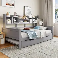 MODFU Lit Gigogne 90x200 cm Multifonction en Bois de Pin avec Tiroir Supplémentaire et Rangement Astucieux - Gris