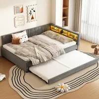 OKWISH Lit Gigogne 140x200 cm - Lit Double avec Ports USB Type-C et Éclairage LED d’Ambiance, Compartiment de Rangement, Tissu en Lin - sans Matelas - Gris