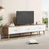 MODFU Meuble TV Rétro Scandinave avec Portes - Meuble Vintage en Bois Texturé - Blanc et Bois Clair - 150x39x35 cm