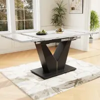 SUCCESS COURIER Table à rallonges (99–159 cm) aspect marbre blanc, table télescopique moderne avec pieds design en V, table de cuisine peu encombrante et bureau pour le télétravail, blanche