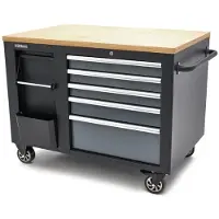HBM Chariot à outils mobile avec établi de 114 cm et plan de travail en bois, noir/gris