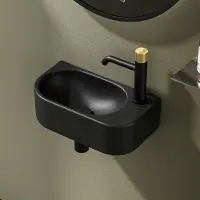 Emke Lavabo mural d'angle - Petit lavabo rectangulaire à poser en céramique 400 x 215 x 120 mm avec trou pour robinet à droite Noir