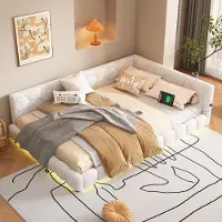 MODFU lit rembourré 140×200 cm avec LED et port USB, lit de jour et lit double avec sommier à lattes, revêtement teddy, sans matelas, blanc