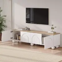 MODFU Meuble TV Moderne Blanc avec 4 Compartiments, 2 Portes et Pieds Métalliques - Meuble de Salon - 180x40x45 cm