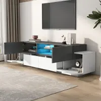 OKWISH Meuble TV avec LED RGB, 2 Tiroirs, 4 Armoires et Étagère en Verre, Panneaux en Particules et Verre Trempé - 180×40×45 cm - Gris