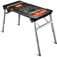 Wiltec Établi d'atelier 108,5x55x52cm Noir et Orange 7 fonctions en 1 Multiusages Banc de travail Siège mécanicien Chariot Tréteau Équipement Bricolage
