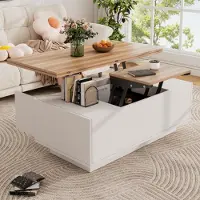 OKWISH Table Basse Élévable avec Rangement Caché - Plateau Réglable Double Système de Levage - Design Moderne Salon - Panneau MDF - Blanc + Naturel
