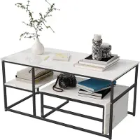 UnboxG Table basse, Table à café avec 2 étagères, Table d'appoint avec aspect marbre & cadre métallique, Table de salon Table basse pour salon maison bureau, 105 x 52 x 48.5 cm