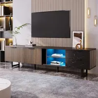 MODFU Meuble TV - Meuble TV Avec 2 Portes, Tiroirs de Rangement et Éclairage LED, Structure MDF, Finition Bois Foncé, 200x38x50 cm, Noir