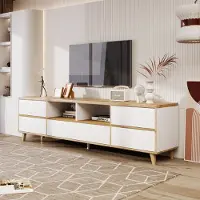 MODFU Meuble TV avec Compartiments et Portes, Design Moderne Blanc et Bois, Pieds en Bois Solides - MDF - 175x37x51 cm - Blanc