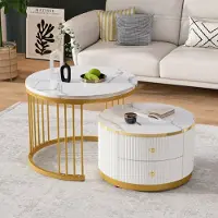 OKWISH Tables Basses Gigognes avec 2 Tiroirs, Design Moderne, MDF Imprégné Marbre, Or - 60x60x45,5 cm et 50x50x32 cm