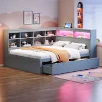 OKWISH Lit Banquette 140x200 cm, Lit Double Ado avec USB et LED, Rangement Intégré, Bois Massif, Gris, Sans Matelas